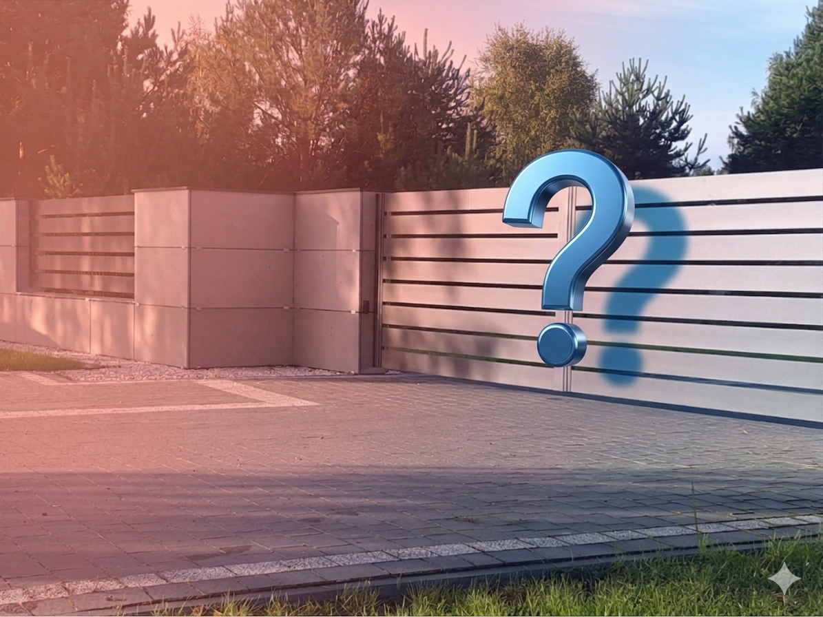 Nowoczesne ogrodzenie palisadowe z pytajnikiem symbolizujące dylematy i błędy przy wyborze płotu